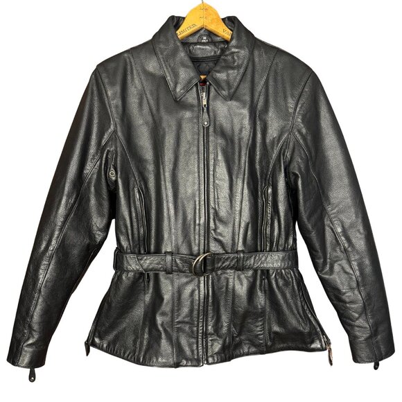 Vintage 90s Black Leather Biker Jacket Belted Moto Grunge Embossed Rose Detail - Picture 1 of 14